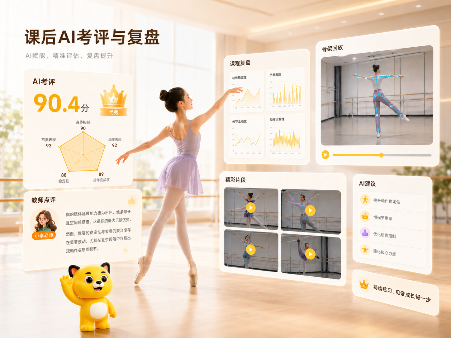 课后 AI 考评与复盘插图：评分、雷达图、视频片段、骨架回放和教师点评